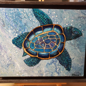 Sea Turtle Blue Bubbles by Heather Medrano 