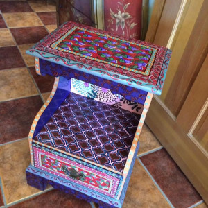 Geometric and floral red and plum vintage side table by Heather Medrano 