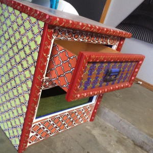 Geometric red and lime vintage side table with lime basket by Heather Medrano 
