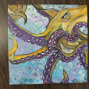 Yellow/Purple Octopus with copper colored frame by Heather Medrano 