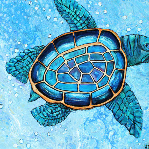 Sea Turtle Blue Bubbles by Heather Medrano 