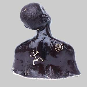Ocama by Lucy Giboyeaux  Image:  "Ocama" – means “listen,” the figure leans in introspective pose with symbolic markings of Taino language. The symbol in the back is of the native singing frog of Puerto Rico "coquí" and a snail "jute".