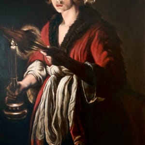 Young woman holding a distaff before a lit candle after Adam de Coster