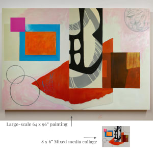 Abstract Interior (orange rectangle) by Pamela Staker  Image: painting with reference image–tiny mixed media collage