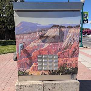 Utility Box Wrap (Cedar Breaks) by Mary Jabens  Image: Corner of Center Street and Main Street (Mayor's Park). Photograph by Jacob B. Arnell. Licensed by Creative Commons (CC BY-SA).
