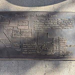 Pioneer Tribute Monument by Laura Lee Stay  Image: 19 Old Highway 91, Parowan, Utah (Parowan Heritage Park). Photograph by Jacob B. Arnell. Licensed by Creative Commons (CC BY-SA).