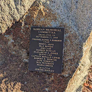 Korean War Memorial by Jerime Hooley  Image: Photograph by Jacob B. Arnell. Licensed by Creative Commons (CC BY-SA).
KOREAN MEMORIAL COMMITTEE
Dedicated on September 27, 2008

Colonel Daniel S. Roberts
Chair

Meryl Arns
Max Bonzo
Jim Case
Darren Duncan
Elizabeth A. Jones
Sunny Lee
Captain Ronald Lewis
Robert D. Mercer
Jane Norman
Wes Peterson
Maria Smith
SCULPTOR
Jerime Hooley