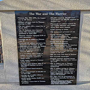 Cedar City War Memorial - Vietnam War by James Muir  Image: Photograph by Jacob B. Arnell. Licensed by Creative Commons (CC BY-SA).
The War and The Warrior

Vietnam War 1964-1973, the longest war in US history
Military advisors were in Vietnam starting in 1959
The war ended with a cease fire in March 1973
The US Embassy was evacuated along with remaining military personnel in April 1975
Vietnam veterans represent 9.7% of their generation
Average age of soldier in Vietnam was 22
3,403,100 US military served in the Southeast Asia Theater, of that 2,594,000 served within the borders of South Vietnam 1965-1973
50,000 US military served in Vietnam 1960-64
1 to 1.6 million either fought in combat, provided close support, or were regularly exposed to enemy attack
7,484 women served in Vietnam — mostly nurses
1,728,344 total draftees 1965-73, of that 656,700 draftees served in Vietnam
6,140 National Guard served in Vietnam
Peak troop strength of 542,482 was in April 1969
Average age of soldier killed in Vietnam was 22.8
47,378 hostile deaths; 10,800 non-hostile deaths
8 military women died in Vietnam, all nurses
304,000 wounded, 153,329 were hospitalized and 150,375 required no hospital care
Thousands of soldiers treated for non-combat illnesses and combat stress were never counted
2,338 missing in action
766 (returned) prisoners of war
Troops serving in Vietnam:
88% Caucasian/Hispanic, 11% African-American, 1% American Indian/Asian/Pacific Islander
Troops died in Vietnam:
86% Caucasian/Hispanic, 13% African-American, 1% American Indian/Asian/Pacific Islander
Most deaths occurred in 1968 — 16,592
Infantrymen averaged 240 days combat in one year
366 men from Utah died in Vietnam
97% honorably discharged
Vietnam veterans' personal income is 18% higher than their non-veteran age group
76% of soldiers sent to Vietnam were from middle/working class backgrounds
79% of soldiers serving in Vietnam had at least a high school diploma
In-country Vietnam veterans have a higher employment rate than the general US population
Our allies were the governments of South Korea, Australia, New Zealand, and Thailand
Sources: US Statistics Only: National Archives, Department of Defense Casualty Records, Labor Department, Department of Veterans’ Affairs, National Personnel Records
