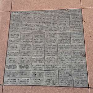 Cedar City War Memorial - World War II by Robert D. Mercer  Image: Photograph by Jacob B. Arnell. Licensed by Creative Commons (CC BY-SA).
Brick 1:
CLEMONT NEILSON
US COAST GUARD
1945-1946

Brick 2:
R ZAPHIROPOULOS
CREEK NAVY
1943-1944

Brick 3:
RALPH M JOHNSON
ARMY STAFF SCT
1944-1945

Brick 4:
ROBERT H TUCKETT
BAKER 1ST CLASS
US NAVY 2/42-11/45

Brick 5:
L BAYNE HUNTER
US NAVY
1943-1946

Brick 6:
CORDON SORENSEN
US MARINE CORPS
1945-1946

Brick 7:
E D DUENGEL
US ARMY AIRCORP
1941-1945

Brick 8:
JAMES SANDBERG
US NAVY
1943-1946

Brick 9:
C T "TOM" DALY
79 ENG CONST BN
ARMY TECH 3 44-46

Brick 10:
RICHARD H LEICH
MAJOR AIR FORCE
1942-1945

Brick 11:
JAMES A MERCER
COLONEL US ARMY
1928-1955

Brick 12:
BUD CHAMBERLAIN
US NAVY
1945-1946

Brick 13:
LOREN A WHETTEN
T SCT ARMY
1943-1945

Brick 14:
MORRIS A SHIRTS
ARMY AIR CORP
S SCT 20 AF

Brick 15:
SCT JOHN W SEAMAN
US ARMY 2/43-12/44
"BELCIUM BULGE"

Brick 16:
DONALD R COE
USMC 2ND DIVISION
1943-1946

Brick 17:
JOHN B EYNON
US ARMY
1942-1946

Brick 18:
BOYD H EDWARDS
LT COL USAF
1943-1972

Brick 19:
CECIL JORGENSEN
LT US NAVY
1942-1957

Brick 20:
RICHARD T STUCKI
IST LT AIR FORCE
B-17 PILOT

Brick 21:
DEAN H NELSON
BAT OF LYTE GULF
KIA 11/03/1944

Brick 22:
DON DEE SEAMAN
US NAVY
AUG 1944-DEC 1945

Brick 23:
HENRY C NELSON
US ARMY
1943-1946

Brick 24:
CLEN C FRANDSEN
CPL US ARMY
1949-1952

Brick 25:
JACK WALKER
USMC - USN
1943-1950

Brick 26:
BLAINE H JOHNSON
US ARMY
1941-1945

Brick 27:
CAIL P HEATON
US ARMY
1944-1945

Brick 28:
FRANK P ORTON
TEC 4 US ARMY
1941-1945

Brick 29:
FARRELL COOPER
US ARMY
1942-1945

Brick 30:
PRATT A SMITH
MSGT US ARMY
1941-1963

Brick 31:
HAYMER D MORRIS
ARMY AIR CORP
1943-1946

Brick 32:
ARNOLD E ECKOFF
US NAVY FIREMAN
4 YEARS

Brick 33:
C RUSSELL HANSEN
US AIR FORCE
1943-1945

Brick 34:
J ELMO HEAP
ARMY AIR CORP
1944-1946

Brick 35:
RALPH LAMOREAUX
SCT US ARMY
1943-1945

Brick 36:
FLOYD PICKERING
S SCT ARMY 7TH
1944-1946

Brick 37:
LEEROY STEINERT
CY SGT USMC
1920-1987

Brick 38:
G S HALTERMAN
T-5 US ARMY
1944-1945

Brick 39:
D E BRADFIELD
US NAVY MMOI
1942-1945

Brick 40:
CLIFFORD DONOHOO
US NAVY-PACIFIC
1945-1949

Brick 41:
JOSEPH BENNETT
5 MAJOR CAMPAIGNS
1943-1946

Brick 42:
REED HINTON LEICH
US MARINE CORPS
1943-1945

Brick 43:
R JAY OVERSON
US NAVY SEAMAN2
1944-1946

Brick 44:
DEE M LISTER
SKV2C
5-23-43-2-4-46

Brick 45:
ROY H SPEECHLY
USS KITKUN BAY
1943-1946

Brick 46:
STANLEY DICKINSON
US NAVY SEABEES
1944-1946

Brick 47:
ARNOLD HAIDER
US NAVY
1943-1945

Brick 48:
MCKAY H NELSON
S SCT ARMY AIR CP
1942-1946

Brick 49:
C MILTON SEVY
MAJOR
1941-1945

Brick 50:
JACK E CASSIDY
US ARMY CAV
1945-1946

Brick 51:
DOUGLAS NELSON
BT C 204 FA BN
1940-1946

Brick 52:
KENT DOVER
IST LT AIR FORCE
1943-1945

Brick 53:
GRANT SEECMILLER
US ARMY PACIFIC
1943-1946

Brick 54:
JAMES O LECGETT
NAVY ADM 3RD CL
1944-1946

Brick 55:
WILLIAM TINCHER
US COAST GUARD
1942-1945

Brick 56:
STAN F WHEELER
TECH SCT US ARMY
1944-1946

Brick 57:
MSGT WARD ROBB
US AIR FORCE
1939-1945

Brick 58:
KLINCONSMITH
MORONI TS ARMY
1942-1946

Brick 59:
SCT RAY STAPLEY
3RD ARMY 29 DIV
1943-1945

Brick 60:
IVAN M MATHESON
TECH SCT ARMY
JAPAN 1944-1946

Brick 61:
DAVID K BONZO
US ARMY UT
1943-1946

Brick 62:
JOHN WILSON LEE
US NAVY

Brick 63:
WALDO S TOPHAM
ARMY T SCT
1/8/43-11/30/45

Brick 64:
ROBERT G HOLMES
AM2C USNR
1943-1946

Brick 65:
MEL ALDRICH
USCG 1944-1945
ARMY AIR CORPS 47

Brick 66:
CHARLES J WEBER
FLYING TIGERS
1942-1945

Brick 67:
LT LYLE W ROBB
KILLED IN ACTION
06/1942-03/1945

Brick 68:
C L SIDPORTER
US ARMY PACIFIC
1943-1945

Brick 69:
CLIFFORD HALSEY
AIR FORCE
1943-1945

Brick 70:
J NYAL MILLER
CORPORAL-US ARMY
1944-1946

Brick 71:
CLAUDE D ADAMS
US MARINE CORPS
1943-1944

Brick 72:
DICK WINTERROSE
US NAVY
1944-1946
