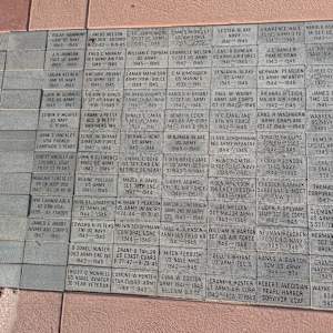 Cedar City War Memorial - World War II by Robert D. Mercer  Image: Photograph by Jacob B. Arnell. Licensed by Creative Commons (CC BY-SA).
Brick 1:
C OSCAR HAMMOND
LTJG US NAVY
1943-1946

Brick 2:
ANCUS NELSON
BULLOCH 6B30RD
4-22-42-11-9-45

Brick 3:
CEO VANDENBERG
321 ST US ARMY
1945-1946

Brick 4:
JAMES M BAILEY
US AIR FORCE
1945-2006

Brick 5:
LESTER BLAKE
NAVY
1941-1945

Brick 6:
LAWRENCE HALE
T5 US ARMY
1943-1946

Brick 7:
HAROLD ASHWORTH
M SCT US ARMY
1942-1946

Brick 8:
J H JOHNSON
TSCT US ARMY
1940-1945

Brick 9:
FRED C MURRAY
SGT ARMY AIR FOR
1940-1945

Brick 10:
WILLIAM E TOPHAM
US ARMY
1945-1946

Brick 11:
CRANVILLE NELSON
S/SCT US ARMY
1942-1945

Brick 12:
CAIL B DUNCAN
US ARMY AIR FORCE
1941-1945

Brick 13:
J C HANSEN
PHM IC USNR
1943-1946

Brick 14:
JC ABE HAYCOCK
NAVY AIR FORCE
1943-1946

Brick 15:
LOGAN KEENER
AMI US NAVY
1942-1945

Brick 16:
KAY URIE BRYANT
US ARMY TEC 5
1941-1945

Brick 17:
LAMAR MATHESON
ARMY POW-BULCE
1944-1945

Brick 18:
G M KIMBROUGH
US MARINES
1939-1961

Brick 19:
BENJAMIN BLAKE
US ARMY
1945-1946

Brick 20:
HERMAN PEARSON
US ARMY INFANTRY
1944-1946

Brick 21:
REID COWER
US ARMY TEC 4
1939-1945

Brick 22:
ELDON W SCHMUTZ
PFC US ARMY
1946-1947

Brick 23:
THERON R BONZO
SI SCT UT ARMY NC
1938-1949

Brick 24:
DV DAVID V HUNTER
ARMY CHINA-INDIA
1942-1945

Brick 25:
HAROLD K BRYANT
S/SCT US ARMY
1942-1946

Brick 26:
PAUL W WARBY
ARMY AIR CORPS
1ST LT 1942-1946

Brick 27:
RICHARD H LEICH
MAJOR AIR FORCE
1942-1945

Brick 28:
JAMES C HALL
TMC SS US NAVY
1941-1967

Brick 29:
EDWIN B MCAFEE
US NAVY
5 YEARS

Brick 30:
FRANK J PETTY
ACIL B PETTY
BROTHERS WII

Brick 31:
DONALD E SMITH
CAPT US ARMY
1938-1961

Brick 32:
HENRY H LEICH
CAPT AR AIR CORP
1941-1946 & 1950

Brick 33:
H C CANDLAND
8TH AIR FORCE
1942-1945

Brick 34:
CHAS H WASHBURN
ARMY CHAPLAIN
1ST LT 1944-1946

Brick 35:
WARREN COWER
US NAVY PTR 3
1940-1944

Brick 36:
JOHN S HINCKLEY
USA FRENCH
CAMPAIGN 3 YEARS

Brick 37:
CLYDE W BRYANT
ARMY AIR FORCE
1942-1946

Brick 38:
THERAN J HEAP
US ARMY
1943-1946

Brick 39:
BENJIMAN BLAKE
US ARMY
1945-1946

Brick 40:
DUARD SCHOPPMANN
PFC ARMY INFANTRY
1944-1946

Brick 41:
DONALD PHILLIPS
US ARMY SSCT
1942-1945

Brick 42:
ELMO P ORTON
CPS US ARMY 4025
1943-1946

Brick 43:
ROBERT HINCKLEY JR
COLONEL USAF
PILOT 13 YEARS

Brick 44:
JOHN R CLEMENTS
MSCT US ARMY
1942-1946

Brick 45:
LINDAL C BOYD
IST SCT CMB ENG
RETIRED 26 YEARS

Brick 46:
EDITH BOYD-JAKE
US ARMY SCT
3/1943-11/1945

Brick 47:
KLINCONSMITH
CLYDE SI US NAVY
1944-1946

Brick 48:
FLOYD ROBINSON
SI US NAVY
1944-1946

Brick 49:
JOHN P LAMB
COLONEL US ARMY
1938-1969

Brick 50:
MARGARET FRESE LT
69 GN HOSP USA
1942-45 CN BU IN

Brick 51:
BLAINE POLLOCK
US ARMY
1941-1945

Brick 52:
MAZEL R DAVIS
SCT 79TH ENG
1942-1944

Brick 53:
BOYD ADAMS
CPL US AIR FORCE
1949-1951

Brick 54:
DON H NELSON
796 ENG FORESTRY
1943-1946

Brick 55:
CHESTER BARRICK
SARGEANT & MSCT
WW 2

Brick 56:
THOMAS H URIE
CORPORAL US ARMY
1947-1948

Brick 57:
WM CADWALADER
112 EBN USA
1939-45 EUROPE

Brick 58:
ROBERT STRATTON
US ARMY INF
1944-1946

Brick 59:
HERMAN T PEARSON
US ARMY INFANTRY
1/24/44-10/31/45

Brick 60:
DAWSON J SWEARNCIN
ARMY 2ND INFANTRY
CPL 1943-1946

Brick 61:
JOE MELLEN
SCT MAJOR ARMY
1943-1946

Brick 62:
JOHN P SPEVAL
STAFF SCT SIG CORPS
1942-1945

Brick 63:
CLEMONT B ADAMS
US ARMY AIR CORP
S SCT 1942-1945

Brick 64:
JAMES C BRODY
ARMY AIR CORPS
1942-1945

Brick 65:
EDWARD H PETERS
FNI US NAVY
1943-1945

Brick 66:
MELVIN SCHOPPMANN
CORPORAL USMC
1944-1946

Brick 67:
MAC A JOHNSON
ARMY 145 FIELD AR
1941-1945

Brick 68:
WILLIAM H BARTON
SCT US AIR FORCE
1946-1949

Brick 69:
NEUMAN HOUCHEN
FC3/C US NAVY
1943-1946

Brick 70:
HERMAN HOUSTON
SCT US ARMY
BRONZE STAR

Brick 71:
D DONEL HUNTER
1303 ARMY ENG WC
1943-1945

Brick 72:
GRANT B TAYLOR
US COAST GUARD
8/27/42-9/29/45

Brick 73:
MITCH FORBUSH
US NAVY MM3
1942-1945

Brick 74:
DELL V BRYANT
US ARMY TEC 5
1944-1946

Brick 75:
HANKS A BARTON
SCM US ARMY
1944-1974

Brick 76:
GRANT BULLOCH
NAVY SO PACIFIC
1943-1946

Brick 77:
TRUITT O MORRELL
US NAVAL AVIATOR
30 YEAR VETERAN

Brick 78:
LAMONT W HUNTER
UTAH GUARD ARMY
1918-1943

Brick 79:
EVAN W DOBSON
ARMY 1941-1945
"BELCIUM BULGE"

Brick 80:
FRANK H HUNTER
LT ARMY AIR CORP
1942-KIA 7/1943

Brick 81:
ROBERT AVEDISIAN
PEARL HARBOR
SURVIVOR USAF

Brick 82:
WAYNE C JACKSON
B24 PILOT
1940-1947