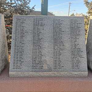 Cedar City War Memorial - World War II by Robert D. Mercer  Image: Photograph by Jacob B. Arnell. Licensed by Creative Commons (CC BY-SA).
CROSS LESLIE,
CUMMING ILA MAY,
CUTLER L KAY,
DAILEY DARWIN,
DALY CLAUDE,
DALY KIRK,
DALLEY ALBERT,
DALLEY ALLEN,
DALLEY ALMA,
DALLEY BONNIE LOU,
DALLEY EMMA LOUISE,
DALLEY FENTON,
DALLEY FRANK,
DALLEY HOWARD,
DALLEY JOHN,
DALLEY OTTO K,
DALLEY LESTER,
DALLEY MAX,
DALLEY P JAMES,
DALLEY RUE,
DALTON ADRIAN,
DALTON ALMA,
DALTON CLAUDE,
DALTON DARWIN,
DALTON DONALD,
DALTON ELMER,
DALTON JAMES,
DALTON JOHN,
DALTON JOSEPH,
DALTON KARL,
DALTON LEONARD,
DALTON LEWIS,
DALTON LLOYD,
DALTON RAY,
DALTON RUTH,

Column 3

DALTON SHERMAN,
DALTON WARREN,
DALTON WILL,
DALTON WILLARD,
DAVENPORT DOUGLAS,
DAVENPORT HORACE,
DAVIS ALIF,
DAVIS ARVIL,
DAVIS DEAN,
DAVIS HAROLD,
DAVIS HILLMAN,
DAVIS JAMES,
DAVIS JOHN,
DAVIS KENT,
DAVIS LAWRENCE,
DAVIS LEONARD,
DAVIS MARVIN,
DAVIS MAZEL,
DAVIS WILLIAM,
DAY NORMAN,
DECKER ALPINE,
DECKER BRUCE,
DECKER CAL,
DECKER CLARK,
DECKER JOSEPH,
DECKER VERNON,
DECKER WILLARD,
DELAND GEORGE,
DENNING OSCAR,
DENNIS JULIUS,
DEVINE LEONARD,
DIX ARTHUR,
DOBRUSKY JOSEPH,
DOBSON CLIFFORD,

Column 4

DOBSON EVAN,
DOCKSTADER JAMES,
DODGE LYMAN,
DOTSON RICHARD,
DOTSON ROBERT,
DOVER ALLEN,
DOVER KENT,
DOVER RICHARD,
DOVING LEONARD,
DUERKSEN RAYMOND,
DUFFIN DONALD,
DUNCAN CAIL B,
DUNTON LEO,
DUSTIN ARTHUR,
EDWARDS BOYD,
EDWARDS FAY,
EDWARDS GERALD,
EDWARDS RALPH,
EDWARDS WILFORD,
EDWARDS WILLIAM,
ENCE DONALD,
ENGLISH CHARLES,
ESMEIER NORMAN,
ESPLIN DON,
ESPLIN CARTH,
ESPLIN GRANT,
ESPLIN KENT,
ESPLIN LEO,
ESPLIN VAN,
EVANS ALMA,
EVANS BERNELL,
EVANS CARL,
EVANS DANIEL,
EVANS C DELAINE,
EVANS FARRIS,

Column 5

EVANS FLOYD,
EVANS NORMAN,
EVANS SHIRL,
EVERHARDT FREDRICK,
EWING STELLA,
FALES ARTHUR,
FARNHAM CLARENCE,
FARNSWORTH R J,
FARROW DOUGLAS,
FARROW WILLIAM,
FASTEN J M,
FELSTEAD ALBERT,
FENTON PATRICK,
FIACK LYNN,
FIFE CHADWICK,
FIFE CLADE,
FIFE JAMES,
FIFE RAY,
FIFE ROWLAND,
FIFE SAMUEL,
FIFE TONE,
FILLERUP BERNELL,
FILLERUP DREXELL,
FINGERLE CHRISTIAN,
FISHER ELBERT,
FISHER EVERETT,
FITZINGER EDWARD,
FLANIGAN ELLSWORTH,
FOISY ALLEN,
FORCE DONALD,
FORCE HOWARD,
FORD AFTON,
FORD DONALD,
FORD RONALD,
FORD O CLAY,