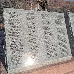 Cedar City War Memorial - World War II by Robert D. Mercer  Image: Photograph by Jacob B. Arnell. Licensed by Creative Commons (CC BY-SA).
Column 1

LAMB JOHN,
LAMB SHERMAN,
LAMBERT ANTONE,
LAMBETH AUBRA,
LAMBETH ELLIS,
LAMBETH KEITH,
LAMBETH LAMAR,
LAMOREAUX CLAIR,
LAMOREAUX CLARK,
LAMOREAUX DONALD,
LAMOREAUX JOSEPH,
LAMOREAUX RALPH,
LAMOREAUX ROBERT,
LAMOREAUX WALTER,
LAMPMAN EDWARD,
LANC GOLDEN,
LARSON GUSTAV,
LAUB NORMAN,
LAUB MERRIL,
LAURITZEN NORMAN,
LAWRENCE ALMA,
LAWRENCE AUBREY,
LAWRENCE BOYD,
LAWRENCE FREDRICK,
LAWRENCE GEORGE,
LAWRENCE J FRANK,
LAWRENCE REED,
LAWRENCE THOMAS,
LEE CUY,
LEE ROBERT,
LEFEVRE ERNEST,
LEICH AARON,
LEICH BRYANT,
LEICH DANIEL,
LEICH DEWARD,

Column 2

LEICH EDWARD,
LEICH FORREST,
LEICH FRANCIS,
LEICH FRANCELI,
LEICH GEORGE,
LEICH HAMLIN,
LEICH HENRY,
LEICH K FRED,
LEICH RAVENNA,
LEICH REED,
LEICH REX,
LEICH RICHARD,
LEICH SAMUEL,
LEICH STEWART,
LEICH WM BEVAN,
LEICH WS DUB,
LEMAY A A,
LENARTZ JAMES,
LESSOR KENNETH,
LEWIS BELDEN,
LIMB ELLIS,
LIMB MURAN,
LIMB VESTAL,
LIMB WILLIAM,
LINDSEY DANIEL,
LINDSEY ROBERT,
LISTER ARTHUR,
LISTER DEE,
LISTER JESSE,
LISTER KENT,
LISTER HENRY,
LITTLE DION,
LITTLE DEE,
LOER ROBERT,

Column 3

LOGAN JOHN F JR,
LOWDER ALMA,
LOWDER CARL,
LOWDER CLAIR JR,
LOWDER CLARENCE,
LOWDER EUGENE,
LOWDER FRANK,
LOWDER GLEN,
LOWDER WILFORD,
LOWE ALMA,
LOWE ERNEST,
LOWE LYNN,
LOWMAN JOHN,
LUND DONALD,
LUND CLARENCE,
LUNDBERG LORIN,
LUNDEEN RAYMOND,
LUNT H DOUGLAS,
LUNT HARRY C,
LUNT HENRY C,
LUNT LEE,
LUNT LYNN,
LUNT MAX,
LUNT PAUL,
LUNT ROBERT,
LYMAN KENNETH,
MACFARLANE CHAUNCEY,
MACFARLANE CLARK,
MACFARLANE DEAN,
MACFARLANE LAMONT,
MACFARLANE LEWIS,
MACFARLANE SINCLAIR,
MACKELPRANG CLAUDE,
MACKELPRANG DEAN,

Column 4

MACKELPRANG HENRY,
MACKELPRANG MAX,
MACKELPRANG O PARRY,
MACKELPRANG REX,
MADSEN ARIELL,
MADSEN KEITH,
MAGLEY ALMA,
MANNING DOUGLAS,
MANNING GEORGE,
MANNING JOHN,
MARCHANT ELDRED,
MARSDEN CARLYLE,
MARSDEN CONNELL,
MARSDEN RALPH,
MARSDEN W KENT,
MARTIN JACK,
MARTIN RAYMOND,
MARTIN WILLIAM,
MATHESON ALBERT,
MATHESON BRUCE,
MATHESON CLAUDE,
MATHESON CLYDE,
MATHESON FLOYD,
MATHESON CORONAN,
MATHESON IVAN,
MATHESON KENNETH,
MATHESON LAMAR,
MATHESON MC DEIL,
MATHESON PAUL,
MATHESON SCOTT,
MATHESON VICTOR,
MACHDONOUCH TALMAGE,
MCBRIDE DONALD,
MCBRIDE N FLOYD,
MCBRIDE RICHARD