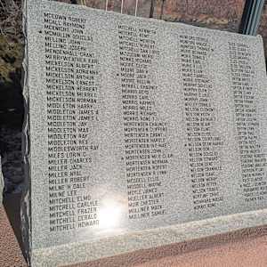 Cedar City War Memorial - World War II by Robert D. Mercer  Image: Photograph by Jacob B. Arnell. Licensed by Creative Commons (CC BY-SA).
Column 1

MCEOWN ROBERT,
MCALL RAYMOND,
MCKNIGHT JOHN,
MCMULLIN DOUGLAS,
MELLING JOHN,
MELLING JOSEPH,
MENDENHALL CRANT,
MERRYWEATHER EARL,
MICKELSON ALBERT,
MICKELSON ADRIENNA,
MICKELSON ARTHUR,
MICKELSON ERNEST,
MICKELSON HERBERT,
MICKELSON MERRILL,
MICKELSON NORMAN,
MIDDLETON HARRY,
MIDDLETON JAMES A,
MIDDLETON JAMES L,
MIDDLETON JAY,
MIDDLETON MAX,
MIDDLETON RAY,
MIDDLETON REX,
MIDDLESWORTH RAY,
MILES LORIN C,
MILLER CHARLES,
MILLER JACK,
MILLER NYAL,
MILLER ROBERT,
MILNE H DALE,
MILNE LEE,
MITCHELL ELMO,
MITCHELL CARLYLE,
MITCHELL FRAZER,
MITCHELL GERALD,
MITCHELL HOWARD,

Column 2

MITCHELL KENNETH,
MITCHELL KENT,
MITCHELL MERTON,
MITCHELL ROBERT,
MITCHELL SAN LOUIS,
MITZUTANI MERIO,
MONKS RICHARD,
MOORE CLYDE,
MOORE DAN H,
MOORE JACK,
MOORE ROLLIN,
MORRIS BOYD,
MORRIS CHAUNCEY,
MORRIS ELIS,
MORRIS HAYMER,
MORRIS MILES,
MORRIS RICHARD,
MORRIS RONE T,
MORTENSEN CHAUNCY,
MORTENSEN CLIFFORD,
MORTENSEN CRANT,
MORTENSEN HAROLD,
MORTENSEN IVY MAE,
MORTENSEN JOHN,
MORTENSEN MILO CLAIR,
MORTENSEN NORMAN,
MORTENSEN ROBERT,
MORTENSEN R LYNN,
MOSDELL ELLIS,
MOYLE JAMES,
MOYLE WAYNE,
MUELLER ALBERT,
MUIR CHESTER,
MULLINER MACK,
MULLINER SAMUEL,

Column 3

MUNFORD GEORGE,
MUNFORD MAUDE,
MUNFORD THOMAS W,
MURIE BERNARD,
MURIE DONALD,
MURIE EARL,
MURIE ELLIS,
MURIE ELVIN,
MURIE FARRELL,
MURIE STEWART,
MURPHY DOUGLAS,
MURPHY GLEN,
MURPHY JOHN,
MURPHY C LYLE,
MURPHY JOHN,
NEELEY DONALD,
NEILSON CLEMONT,
NEILSON KEITH,
NELSON ARTHUR T,
NELSON BLAIR,
NELSON CLINT,
NELSON CLYDE,
NELSON COURTLAND,
NELSON DEAN HARRIS,
NELSON DON,
NELSON DOUGLAS,
NELSON EDWARD,
NELSON GENE,
NELSON GRANVILLE,
NELSON ISAAC,
NELSON MCKAY,
NELSON PETER,
NELSON TRAVIS,
NEPTUNE CRAIG,
NISHIHARA MASAD,
NORRIS RONE,

Column 4

OLDS CARROLL,
OLDS CLARE,
OLDS DILWORTH,
OLDS MERRILL,
OLDS ODELL,
OLDS SHELDON,
OLFSON FALLAS,
OLSEN CORRY,
ORTON BRYCE,
ORTON EARL,
ORTON ELMER,
ORTON ELMO,
ORTON EUGENE,
ORTON FRANK,
ORTON HAL,
ORTON HOWARD,
ORTON IVAN,
ORTON JOSEPH,
ORTON LEONARD,
ORTON LYNN,
ORTON PAUL,
ORTON RALPH,
ORTON REED,
ORTON WALTER,
ORTON WORTH,
OSBORNE ROBERT,
OSBORNE WALKER,
OVERSON R JAY,
OWEN NORMA E,
PAGE ELWOOD,
PACE J QUINTON,
PARAMORE RULON,
PARCELLS HOMER,
PALMER PAUL,