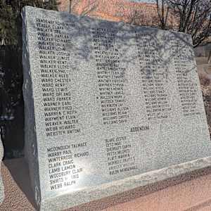 Cedar City War Memorial - World War II by Robert D. Mercer  Image: Photograph by Jacob B. Arnell. Licensed by Creative Commons (CC BY-SA).
VANDENBERGHE MARY,
VEATER CLARK,
WALKER DEE,
WALKER HARLAN,
WALKER HOWARD,
WALKER JACK,
WALKER JOHN,
WALKER JOSHUA,
WALKER JUNIUS,
WALKER KENT,
WALKER LLOYD,
WALKER PHIL,
WALKER REED,
WARD CHESTER,
WARD KENT,
WARD LEWIS,
WARD ORLAND,
WARD PARKER,
WARNER EARL,
WARNER FRED,
WARREN C KEITH,
WAYMENT ELVIN,
WEAVER WALTER,
WEBB HOWARD,
WEBSTER ANTONE,

Column 2

WEBSTER O GARTH,
WEBSTER LOUIS,
WEBSTER PACE,
WEBSTER PEN,
WEBSTER REID,
WEBSTER UDEAN,
WHEELER JOAN,
WHEELER JOHN,
WHETTEN BRAY,
WHITAKER KAY,
WHITNEY CLAY CHESTER,
WHITNEY CLAIR,
WHITNEY EDWARD,
WHITNEY ELI,
WHITNEY HOMER,
WHITNEY JAMES,
WILCOCK MARK J,
WILCOCK SAMUEL,
WILKINSON JAY,
WILLIAMS ALLISON,
WILLIAMS BEVAN,
WILLIAMS CARTER,
WILLIAMS DAVID,

Column 3

WILLIAMS OTURUS,
WILLIAMS ELLIS,
WILLIAMS EMERSON,
WILLIAMS FERN,
WILLIAMS GORTON,
WILLIAMS HUGH,
WILLIAMS JONES,
WILLIAMS JOSEPH,
WILLIAMS LOFEAN,
WILLIAMS LEWIS,
WILLIAMS WILTON,
WILLIAMS ANDEL,
WILLIAMS F BERRY,
WILLIAMS PAUL,
WILLIAMS PERRY,
WILLIAMS ROBERT,
WILLIAMS ROEL,
WILLIAMS STANLEY,
WILLIAMS THURMAN,
WILLIAMS VERNON,
WILLIAMS VERNON,
WILLIAMSON LESTER,
WILLIAMSON WILLIAM,
WILLIS JAY,
WILLIS THURMAN,

Column 4

WESSON OLIVER,
WESTOVER GLEN,
WILES EUGENE,
WILCOX BLYNE,
WILLARD JOHN,
WILLIAMS LELAND,
WILLIAMS MILTON,
WILLIAMS MURRY,
WILLIAMS PERRY,
WILLIAMS ROBERT,
WILLIAMS THURMAN,
WILLIAMS VERNON,
WILLIAMSON LESTER,
WILLIAMSON WILLIAM,
WINNER WILCOX,
WOOD BEN,
WOOD BRYCE,
WOOD DELMAR,
WOOD FOREST,
WOOD HENRY,
WOOD JAY,
WOOD LEM,
WOOD MARK,
WOOD PAUL,
WOOD WORTH,
WOODBURY CLAYTON,
WOODBURY DALE,
WOODBURY RULAN,
WOOLSEY CORNELL,
WOOLSEY ROSS,
WORTHEN AFTON,
WORTHEN EARL,
WRIGHT GRANT,
YOUNG JOAN,
YAMAGUCHI KIYA,

Addendum
MCDONOUGH TALMACE,
WARBY PAUL,
WINTERROSE RICHARD,
CLARK CRAIG,
LAMB LAMOIN,
WOODBURY CLAIR,
SHIRTS N. RRIS,

WEBB RALPH,
BLAKE LESTER,
CETZ MAX,
SHERRATT GARTH,
PETTY MILDRED,
PLATT WARREN,
MORRELL TRUITT O,
KRUEGER WILLIAM,
RULON MENDENHALL,