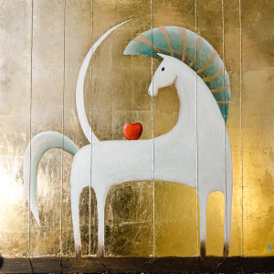 Golden collection / White horse with an apple and moon phases by Mojca Fo