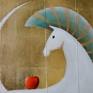 Golden collection / White horse with an apple and moon phases by Mojca Fo 