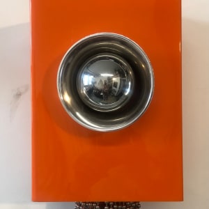 Moderne  9 pc Installation  Image: Modern orange box  steel beads, steel balls, found plexiglass and steel object
17.5 x 8.75 x 9 in
