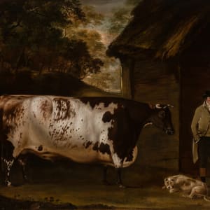 A Bull and Figures Outside a Barn in a Wooded Landscape by Thomas Weaver