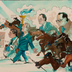 Elie Lellouche (far left) and Daniel, Guy and Alec Wildenstien, plus the horses Bigstone, Epervi... by Pierre "Peb" Bellocq