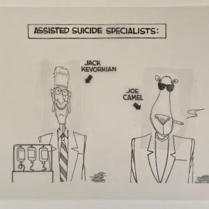 Assisted #Suicide Specialist #Kevorkian and Joe Camel by Steve Kelley  Image: Original Drawing on Velum