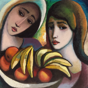 "Women with Bananas" #C97 in Gold-Leaf Frame by Antonio Diego Voci 