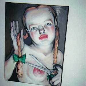 "To Cut" by Andrea Zuill  Image: Coop's "MY MONA LISA" on the wall.