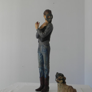 "Artist with Dog wearing Gas mask" by Leslie Ford by Leslie Ford 