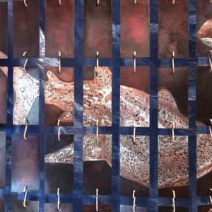 Etched Copper Room Divider for Superyacht's Main Saloon by Victoria Lansford  Image: Temporarily hung (detail)