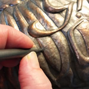 Giving Voice - Print and Animated eBook with Mokume Gane, Eastern Repoussé and Etched Covers by Victoria Lansford  Image: Mokume Gane and Eastern Repoussé cover artwork in progress