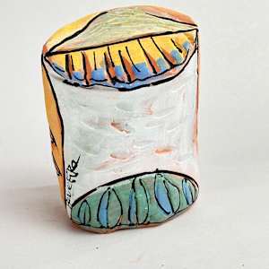 "Owl Person at One with the Fire” by Blue Fire MacMahon  Image: Owl art, ceramic owl, whimsical, colorful owl figurine, "Owl Person at One with the Fire”, SIZE 3-1/2 inches tall