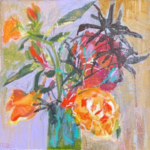 Peachy Roses with Acer Leaves by Lesley Birch
