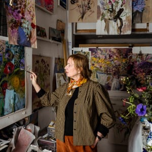 Anemones with a Blue Jug by Lesley Birch 