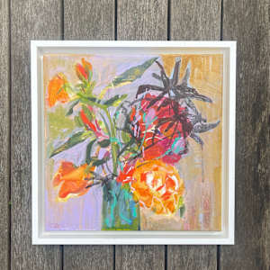 Peachy Roses with Acer Leaves by Lesley Birch 