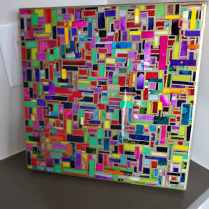 Mosaic Resin Collage using Layers of Hand Cut Pieces of Previous Artwork on Gallery Cradled 12"x 12" Wood Panel w Resin between Layers 