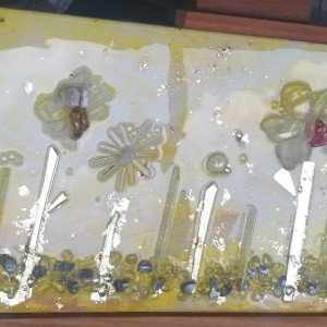 Bright Sunshiny Day - Resin + Glass Art | Yellow Glass Flowers | 12"x 36" x 1.5" Canvas by Tana Hensley 