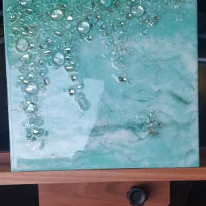 Abstract Resin + Recycled Glass Artwork | 12"×12"×1.5" | Mint Green by Tana Hensley 