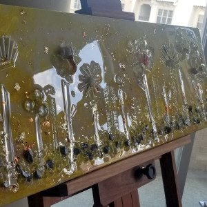 Bright Sunshiny Day - Resin + Glass Art | Yellow Glass Flowers | 12"x 36" x 1.5" Canvas by Tana Hensley 