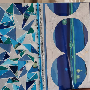 Abstract Blue, Green, Silver, Mosaic Collage Resin Art 48"×12"×1.5" Gallery Cradled Wood Panel by Tana Hensley 