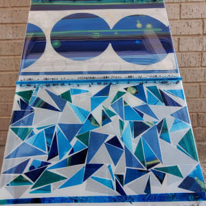 Abstract Blue, Green, Silver, Mosaic Collage Resin Art 48"×12"×1.5" Gallery Cradled Wood Panel by Tana Hensley 