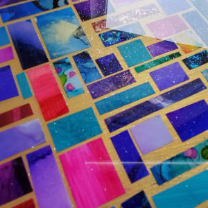Mosaic Collage, Multi-Color on Gold Hardboard w Resin Mixed w White Glitter Dust for Sparkles, 16x20 inches by Tana Hensley 