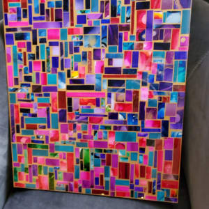 Mosaic Collage, Multi-Color on Gold Hardboard w Resin Mixed w White Glitter Dust for Sparkles, 16x20 inches by Tana Hensley 