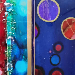 Abstract Collage Art on Wood Panel 12"x 48"x 1.5" w Glass, Alcohol Inks, Resin by Tana Hensley 