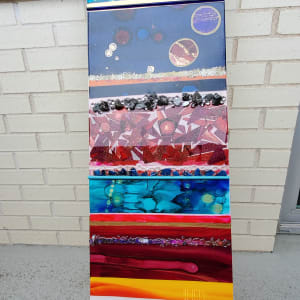 Abstract Collage Art on Wood Panel 12"x 48"x 1.5" w Glass, Alcohol Inks, Resin by Tana Hensley 