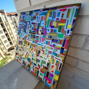 Mosaic Collage w Gold Leaf Edges, Layers of Hand Cut Pieces on Gallery Cradled 14"x14" Wood Panel w Layers of Resin by Tana Hensley 
