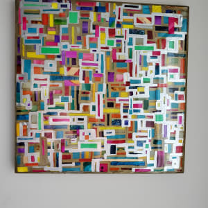 Mosaic Collage w Gold Leaf Edges, Layers of Hand Cut Pieces on Gallery Cradled 14"x14" Wood Panel w Layers of Resin