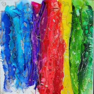 Abstract Resin + Alcohol Ink + Glass Glitter Watercolor Style Rainbow Wall Art, 24"×24" inch Gallery Cradled Wood 