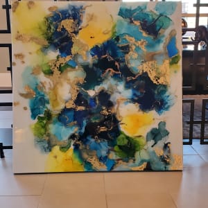 Abstract Blue, Yellow, Moss Green, & Gold Leaf Alcohol Ink on Cradled Wood Panel 