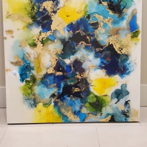 Abstract Blue, Yellow, Moss Green, & Gold Leaf Alcohol Ink on Cradled Wood Panel 