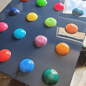Colorful Resin Polka Dots on Navy Gallery Profile Wood Panel by Tana Hensley 