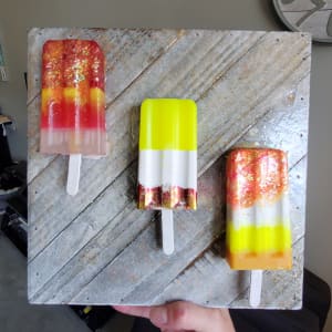 3 Bright Pink, Fluorescent Yellow, Resin Popsicles on Wood Panel Art w Embellishments by Tana Hensley 